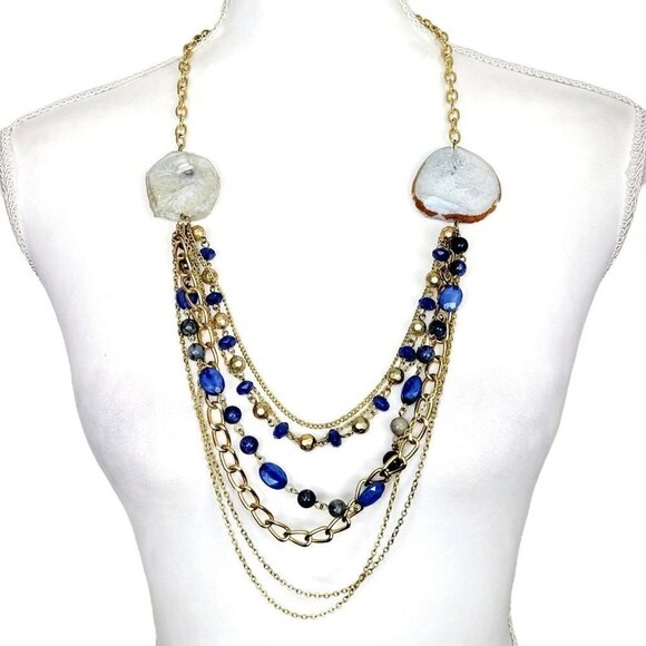 Large Multi-Gemstone Necklace Multi-Strand Gold Tone Statement Chains & Beads - Picture 2 of 9